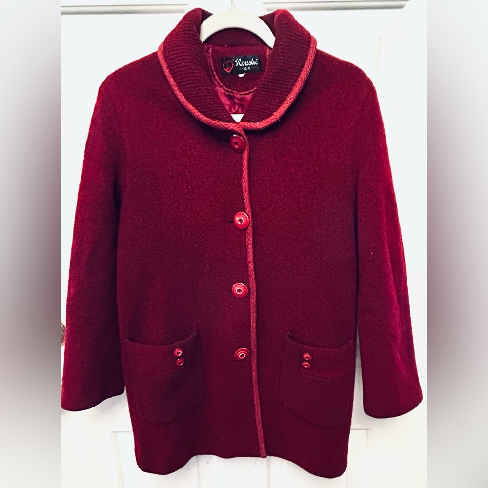 Vintage wool coat cranberry red size 2/4. Shawl neck, retro buttons,big pockets - Picture 2 of 16